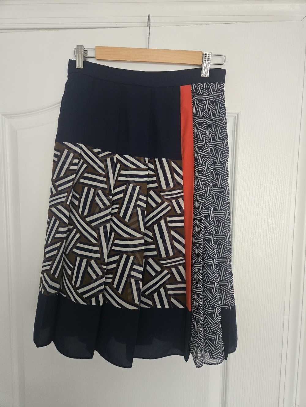 Diane Von Furstenberg Navy Geometric Midi Skirt with Red Stripe